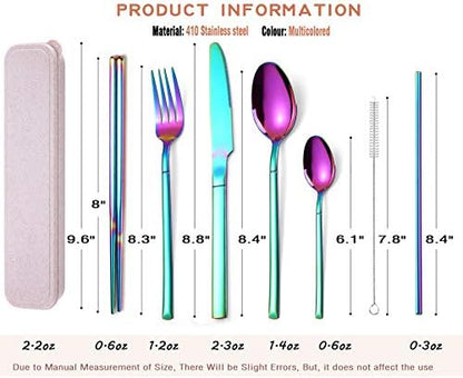 AARAINBOW 7 Pieces Stainless Steel Flatware Set Portable Reusable Cutlery Set Travel Utensils Set Including Chopsticks Knife Fork Spoon Straws Cleaning Brush Dishwasher Safe (Multicolored)
