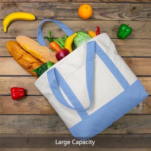 TOPDesign 6-Pack Canvas Tote Bags with an External Pocket, Reusable Grocery Shopping Bags, Top Zipper Closure, Daily Essentials (Light Blue/Natural)