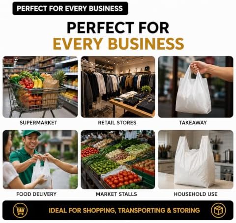 Reusable Heavy Duty White Plastic Shopping Bags with Handles, T-Shirt Grocery Carrier Bags, 12 x 18 x 24 Inch, HDPE Retail, Convenience Store & Takeout Bags, 100 Pack
