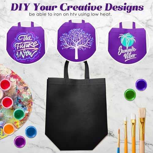 Reginary 50 Pcs Reusable Tote Bags Shopping Bags Non Woven, Black, Purple