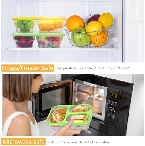 2 Pack Big Collapsible Full Silicone Bento Lunch Boxes With Lids, 3 Compartments, 45.6oz, Clear Divided Lunch Food Storage Containers, Safe in Microwave, Dishwasher and Freezer, BPA Free