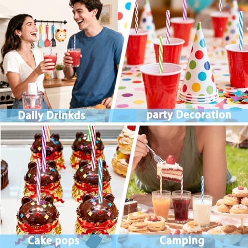 100 Reusable Stirrer Straws,Assorted Color Plastic Stripe Drinking Straws