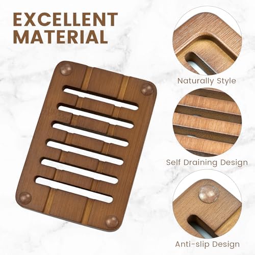 2 Pack Self Draining Bamboo Soap Holder Slotted Walnut Wooden Soap Dish