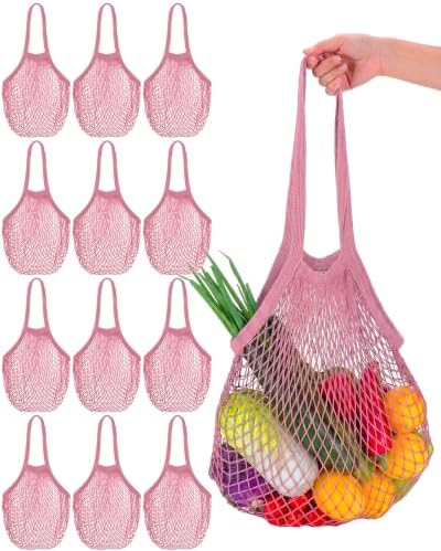 Eccliy 12Pcs Reusable Cotton Mesh Grocery Bag with Handle, Dark Pink, 10 in