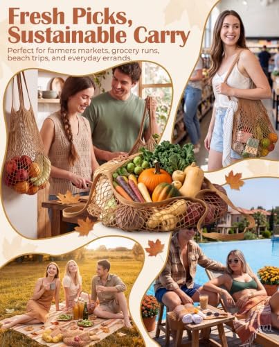 Eccliy 12Pcs Reusable Cotton Mesh Grocery Bag with Handle, Coffee, 10 in