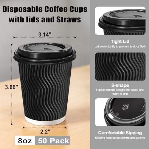 Lamosi 50 Pack 8 oz Coffee Cups with Lids, Disposable To Go Paper Cups
