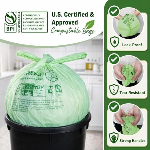 1.6 Gallon Certified Compostable Food Scrap Bags, Handle Tie (120 Bags), Small Kitchen Compostable Trash Bags, BPI Certified, TÜV OK Compost HOME Certified, Meets ASTM D6400 (120 ct.)
