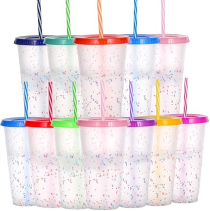 Color Changing Cups, 12 Pack 24oz Plastic Tumblers, Reusable Iced Coffee & Smoothie Cups with Lids and Straws for Parties and Travel (Rainbow, 12 Pack)