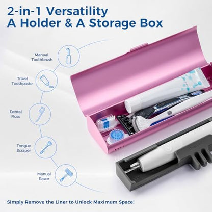 Aluminum Electric Toothbrush Travel Case, 2 in 1 Travel Toothbrush Holder for Oral B/Oral-B Pro 1000 1500 5000 and Most Electric Toothbrush for Traveling, Removable Silicone Liner-Pink
