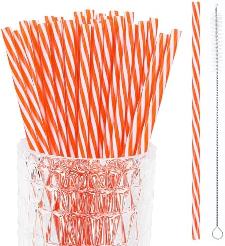 JANYUN 30 Pcs Reusable Orange and White Striped Straws with Cleaning Brush