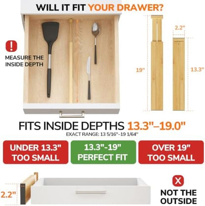BAMEOS Bamboo Expandable Drawer Dividers – Fits 13.3"–19" Drawers, 2" High, Set of 4 | Spring-Loaded Bamboo Separator for Kitchen Island, Bathroom Vanity & Dresser Drawers