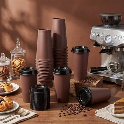 Honeydak 45 Pack 16 oz Reusable Coffee Cups with Lids Water Bottle Iced Coffee Travel Mug Portable Plastic Tea Tumblers Bulk for Hot and Cold Drinks Birthdays Party (Brown,Classic)