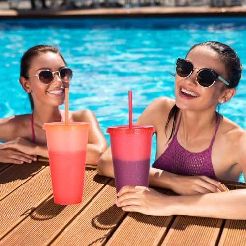 Color Changing Cups, 5 Pack 24oz Plastic Tumblers, Reusable Iced Coffee & Smoothie Cups with Lids and Straws for Parties and Travel (Cranberry, 24 Pcak)
