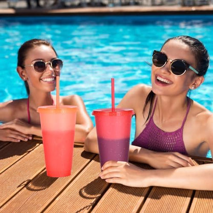 Color Changing Cups, 5 Pack 24oz Plastic Tumblers, Reusable Iced Coffee & Smoothie Cups with Lids and Straws for Parties and Travel (Cranberry, 24 Pcak)