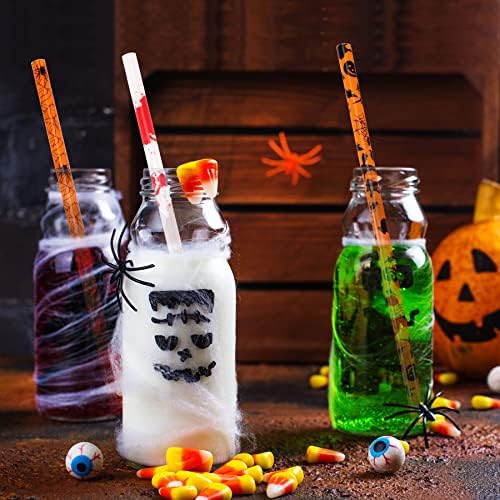 JANYUN 30 Pcs Halloween Straws 9inch Pumpkin Bat Skeleton Spider Printing