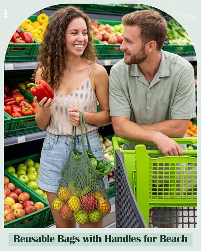 Eccliy 12Pcs Reusable Cotton Mesh Grocery Bag with Handle, Green, 10 in