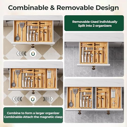Large Silverware Organizer, 13 Slots Magnetic Connected Expandable Bamboo Utensil Drawer Organizer From 21 to 37.4 Inches, Adjustable Flatware and Cutlery Holder, Utensil Tray for Kitchen Natural
