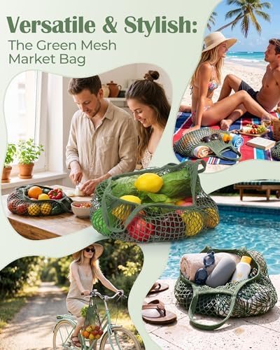 Eccliy 12Pcs Reusable Cotton Mesh Grocery Bag with Handle, Green, 4 in