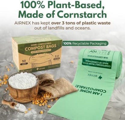 AIRNEX Small Compost Bags 2.6 Gal - 50 Compostable Kitchen Trash Bags for Countertop Bin - Cornstarch Leakproof & Tear-Resistant - OK Compost Home & Seedling Certified 0.18 mm Kitchen Garbage Bags