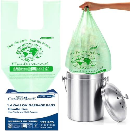 BEIDOU-PAC 1.6 Gallon Certified Compostable Trash Bags with Handle, 125 Count Small Compost Kitchen Garbage Bags, Food Scrap Waste Bags for Countertop Bin, Meets ASTM D6400 US BPI Certified
