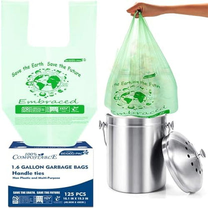 BEIDOU-PAC 1.6 Gallon Certified Compostable Trash Bags with Handle, 125 Count Small Compost Kitchen Garbage Bags, Food Scrap Waste Bags for Countertop Bin, Meets ASTM D6400 US BPI Certified