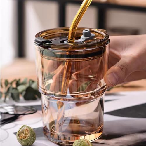13oz Glass Iced Coffee Cups with Straw and Lid, Thick-Wall Glass Tumbler, Reusable Coffee Cup for Iced Coffee, Matcha, Cold Brew, Latte and Cold Drinks, Fits Car Cup Holders