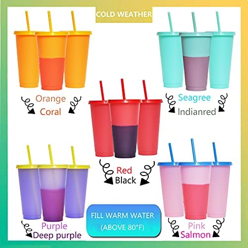 Color Changing Cups, 5 Pack 24oz Plastic Tumblers, Reusable Iced Coffee & Smoothie Cups with Lids and Straws for Parties and Travel (5 Changing, 5 Packs)
