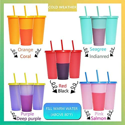 Color Changing Cups, 5 Pack 24oz Plastic Tumblers, Reusable Iced Coffee & Smoothie Cups with Lids and Straws for Parties and Travel (5 Changing, 5 Packs)