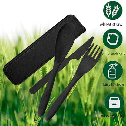 4Pack Black Wheat Straw Cutlery Set, BPA Free Fork Spoon Knife with Case
