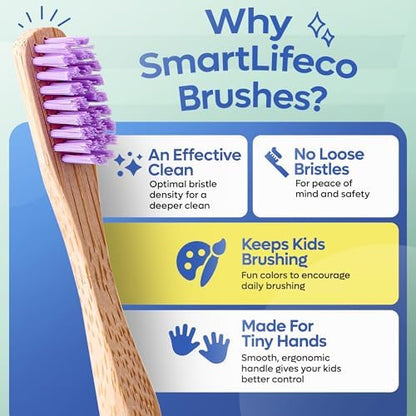 SmartLifeco Kids Bamboo Toothbrushes (6 Pack) - Extra Soft Bristles for Toddlers Teeth | Zero Waste Tooth Brushes for Children | Natural Wooden Child Size Handle | BPA Free, Eco-Friendly