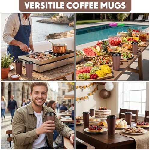 Honeydak 45 Pack 16 oz Reusable Coffee Cups with Lids Water Bottle Iced Coffee Travel Mug Portable Plastic Tea Tumblers Bulk for Hot and Cold Drinks Birthdays Party (Brown,Classic)