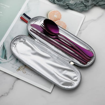 DEVICO Travel Utensils with Case, 5 Piece Portable Silverware Set for Work