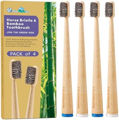 Horse Hair Toothbrush, All Natural Bamboo Toothbrush 4 Pack