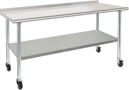 HARDURA Stainless Steel Table with Wheels 30X72 Inches NSF Heavy Duty Commercial Prep Table with 2” Backsplash and Adjustable Undershelf for Food Prep