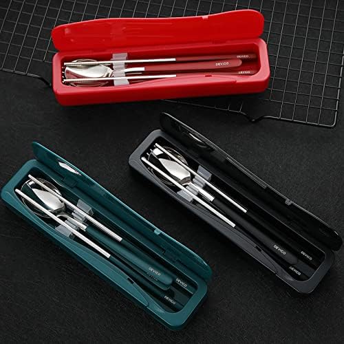 DEVICO Travel Utensils with Case, 4Pcs Portable Silverware Set for Work, 18/8 Stainless Steel Reusable Cutlery, Korean Spoon and Chopsticks Fork for Camping, School, Lunch Box Accessories (Black)