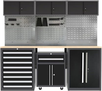 JZD Metal Garage Tool Cabinet Set System with Wooden Tabletop, for Workshop Auto Repair Shop, Wall Mounting Not Necessary