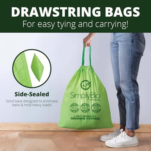 Simply Bio 13 Gallon Compostable Organic Bags Liners Drawstring, Heavy Duty Extra Thick 1 Mil, 49.21 Liter, 30 Bags, Tall Kitchen Food Scrap Waste Bag, ASTM D6400, US BPI and OK Compost Home Certified