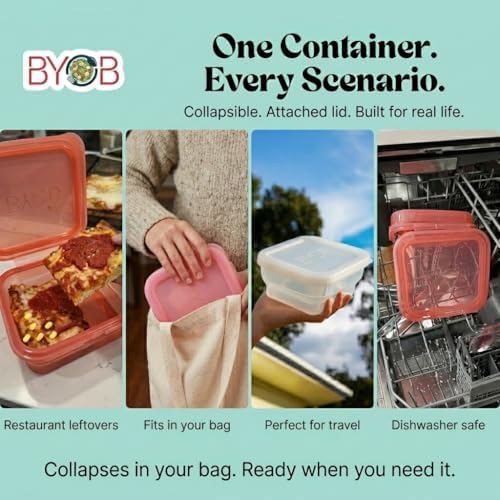 BYOB Collapsible Silicone Food Containers with Attached Lids – Reusable To-Go & Leftover Containers, Platinum Silicone, Leak-Resistant – 4 Pack (White/Pink)