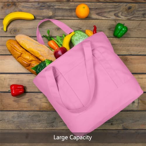TOPDesign 6-Pack Canvas Tote Bags with an External Pocket, Reusable Grocery Shopping Bags, Top Zipper Closure, Daily Essentials (Pink)