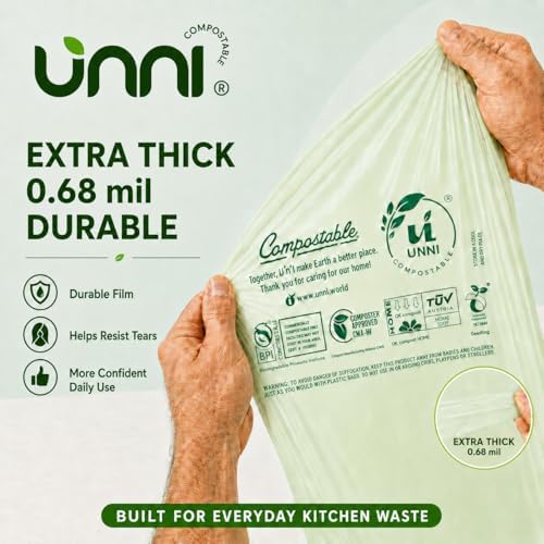 UNNI 3 Gallon Compostable Bags with Easy-Tie Handles, 11.35 L, 200 Count