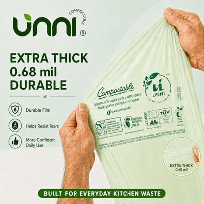 UNNI 3 Gallon Compostable Bags with Easy-Tie Handles, 11.35 L, 200 Count