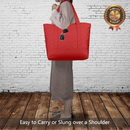 TOPDesign 1-Pack Canvas Tote Bags with an External Pocket, Reusable Grocery Shopping Bags, Top Zipper Closure, Daily Essentials (Red)