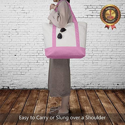 TOPDesign 30-Pack Canvas Tote Bags with an External Pocket, Reusable Grocery Shopping Bags, Top Zipper Closure, Daily Essentials (Pink/Natural)