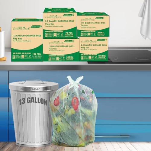 BEIDOU-PAC 13 Gallon Flap Tie Compostable Trash Bags, 50 Count, Compost Bags Tall Kitchen Trash Bags, Sturdy Garbage Bags Food Scrap Waste Bags, ASTM D6400, US BPI Certified, Green