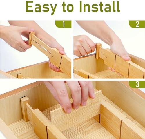Whitmor Adjustable Bamboo Drawer Dividers, Expandable 17"-22" Drawer Organizer, Space-Saving, Non-Slip & Spring-Loaded Separators for Kitchen, Bedroom, Office, 4 Pack Dividers with 9 Baffles