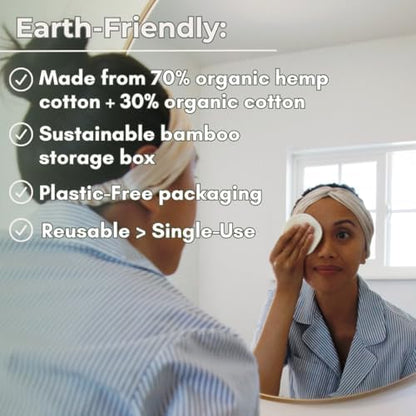 Reusable Hemp Cotton Rounds 15-Pack with Bamboo Storage Box – Ultra-Soft Organic Face Pads for Makeup Removal, Skincare Accessories, and Eco-Friendly Beauty Essentials