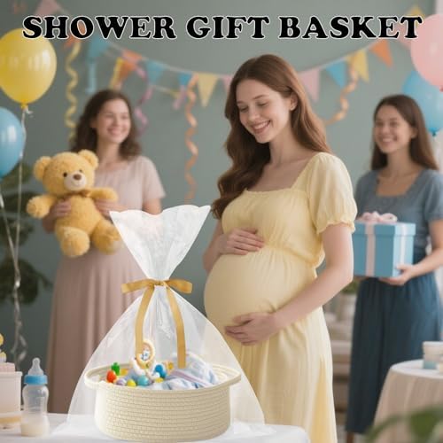 Cream Woven Rope Basket,Baby Gift Basket with Bag & Ribbon
