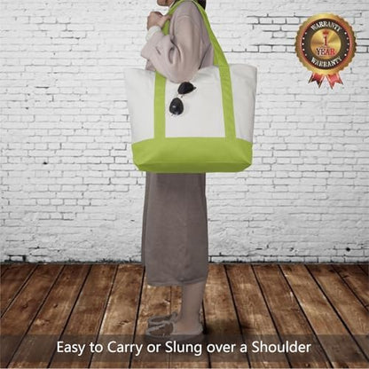 TOPDesign 1-Pack Canvas Tote Bag with an External Pocket, Reusable Grocery Shopping Bag, Top Zipper Closure, Daily Essentials (Light Green/Natural)