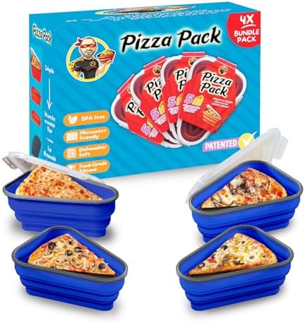 PIZZA PACK The Perfect Reusable Pizza Storage Container with 5 Microwavable Serving Trays - BPA-Free Adjustable Pizza Slice Container to Organize & Save Space, 4 Pack, Blue