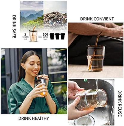BLUEPOLAR 13oz/400ml Glass Water Tumbler with Straw and Lid Sealed Carry On Thick Wall Iced Coffee Cup Glass Cup for Water, Iced Tea Fruit Juice Etc (Amber)